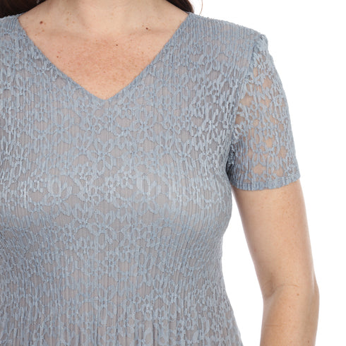 Elegant V-Neck Lace Midi Dress – Silver